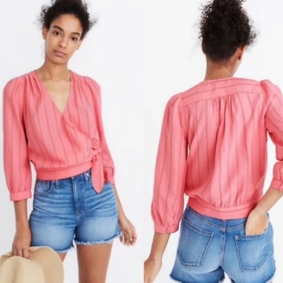 Madewell Cecilia Wrap Top Pink Stripe Tie Waist 3/4 Sleeve Blouse Women's Size S - Picture 4 of 10